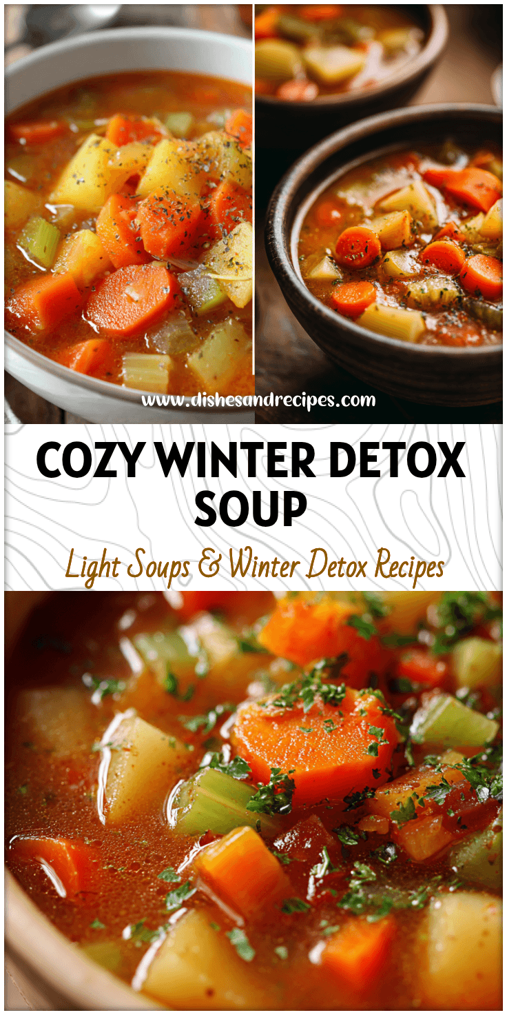 A bowl of thick winter detox vegetable soup with carrots, potatoes, and celery in a crockpot setting.